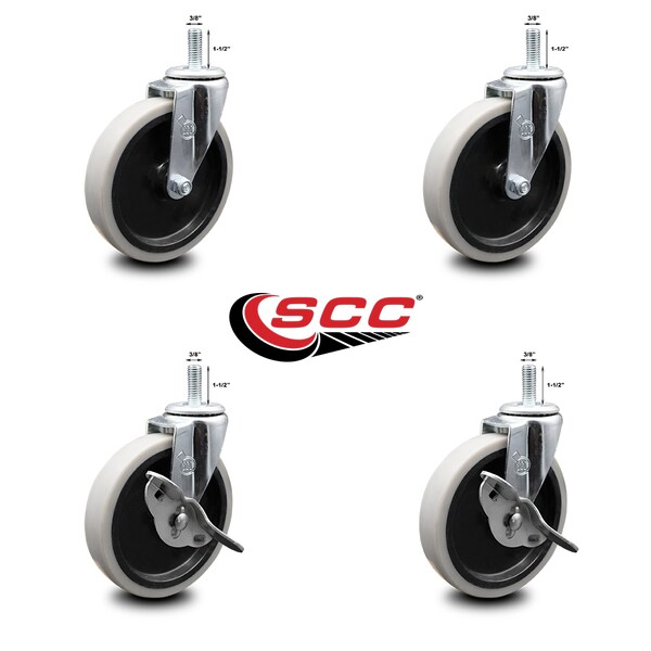 Service Caster 5 Inch Thermoplastic Wheel 3/8 Inch Threaded Stem Caster Set with 2 Brakes SCC SCC-TS05S510-TPRS-381615-2-SLB-2 - main